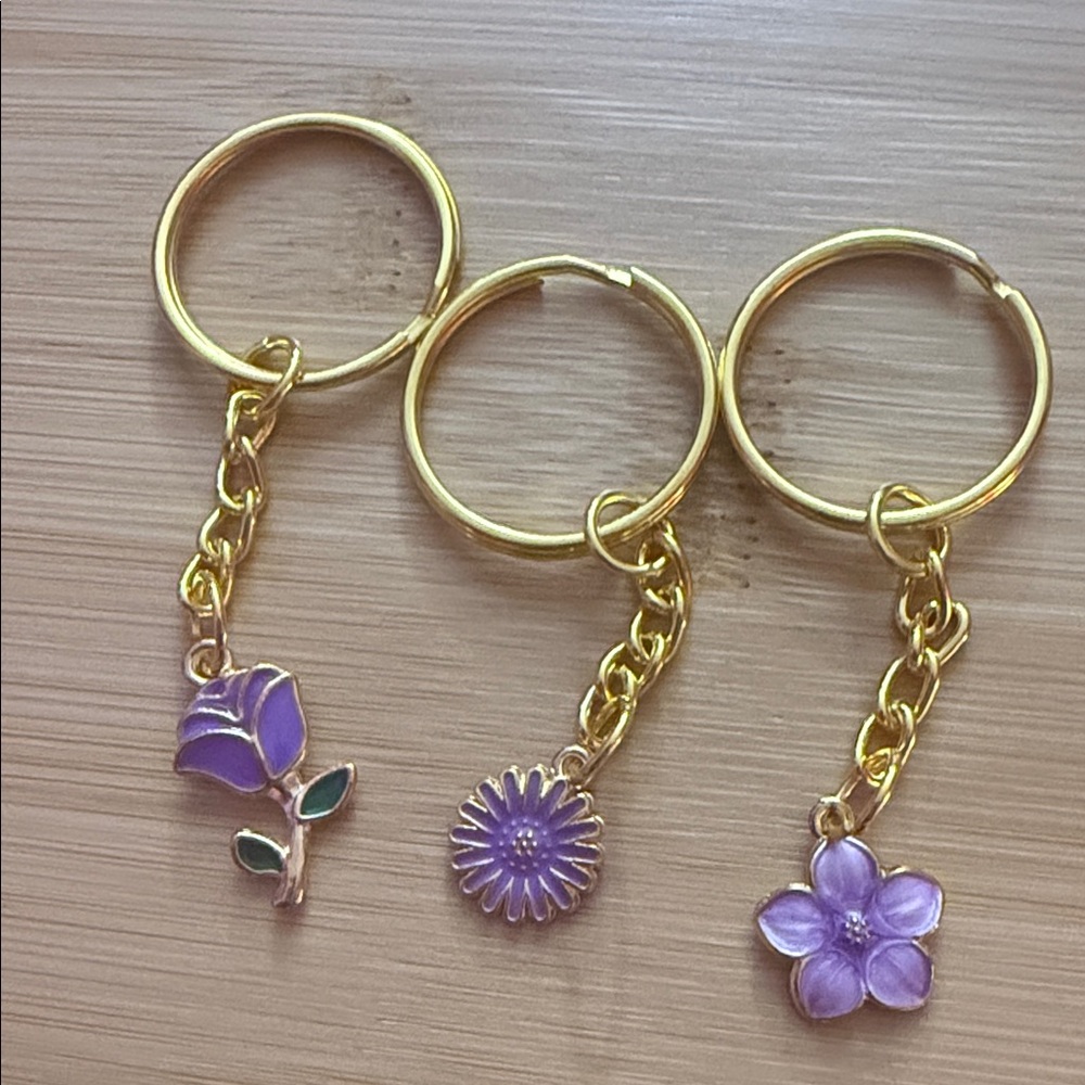 Three set pieces Gold and Purple Floral Keychain Set